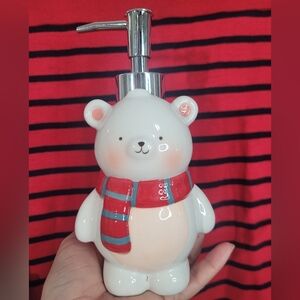 Cute Bear Soap Dispenser with Red Scarf. Christmas bear.